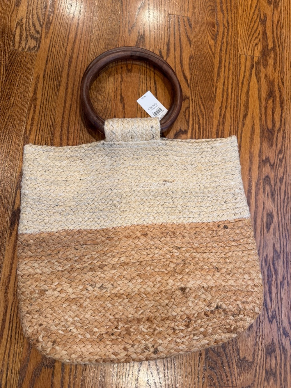 J Jill Jute Market tote in two tone woven design and wood handles
